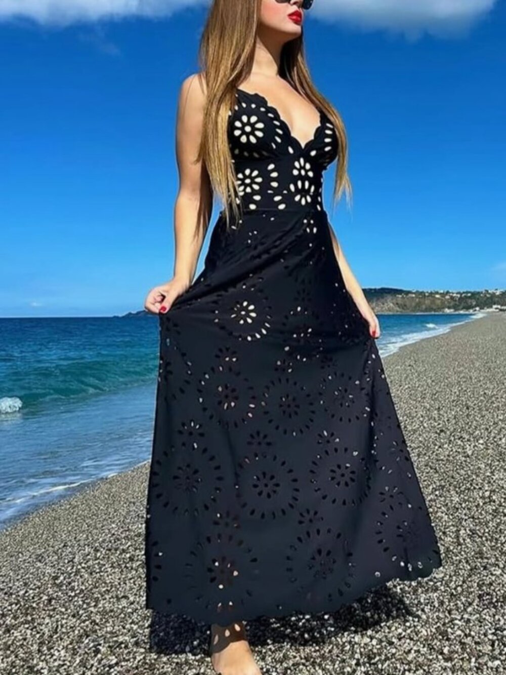 Floral One Piece Black Bathing Suit Hollow V Neck Swimsuit and Skirt Scalloped